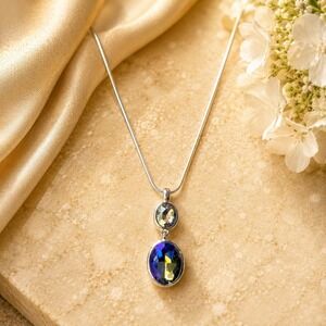 Vintage Monet Blue Aurora Crystal Pendant Necklace Sample One of a Kind Unworn